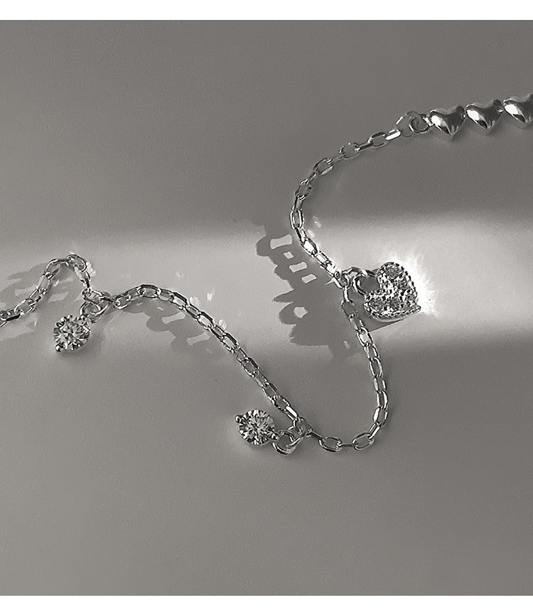 Glossy 925 Sterling Silver Loving Heart Zircon Bracelet