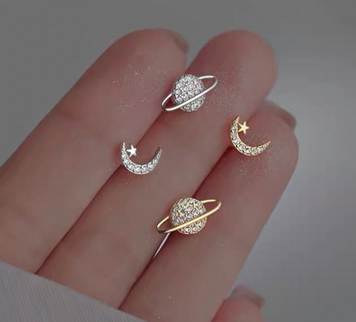 Delicate Moon and Stars Asymmetric Earrings (One Pair)