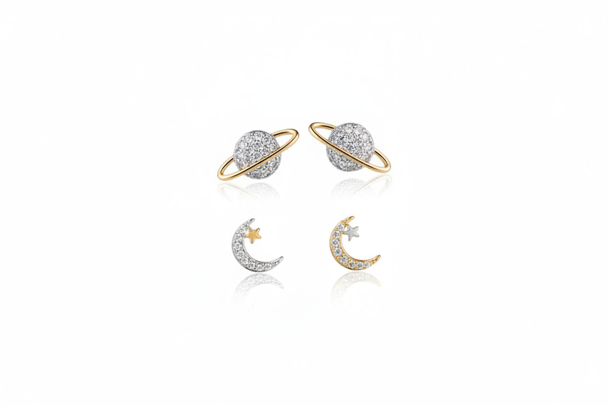 Delicate Moon and Stars Asymmetric Earrings (One Pair)