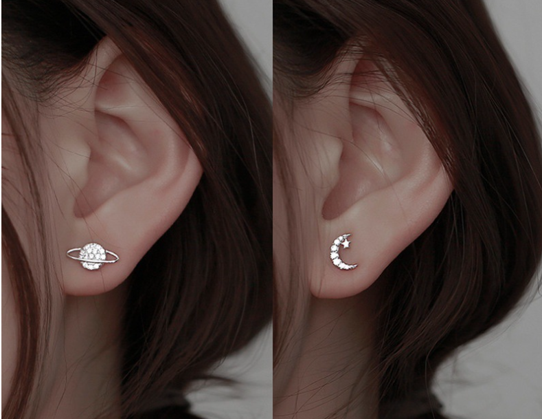 Delicate Moon and Stars Asymmetric Earrings (One Pair)