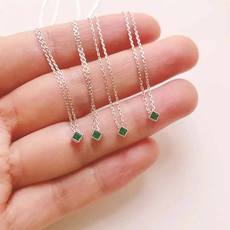 Mint Candy S925 Silver Mini Emerald Square Pendant Necklace